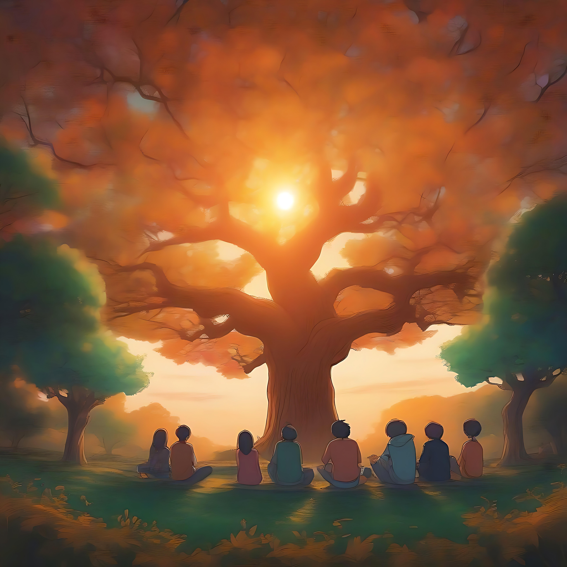 Un Rassemblement Magique Au Coucher Du Soleil Sous Un Arbre Majestueux Groupe d'amis de style anime regardant le coucher de soleil sous un majestueux arbre orange.
