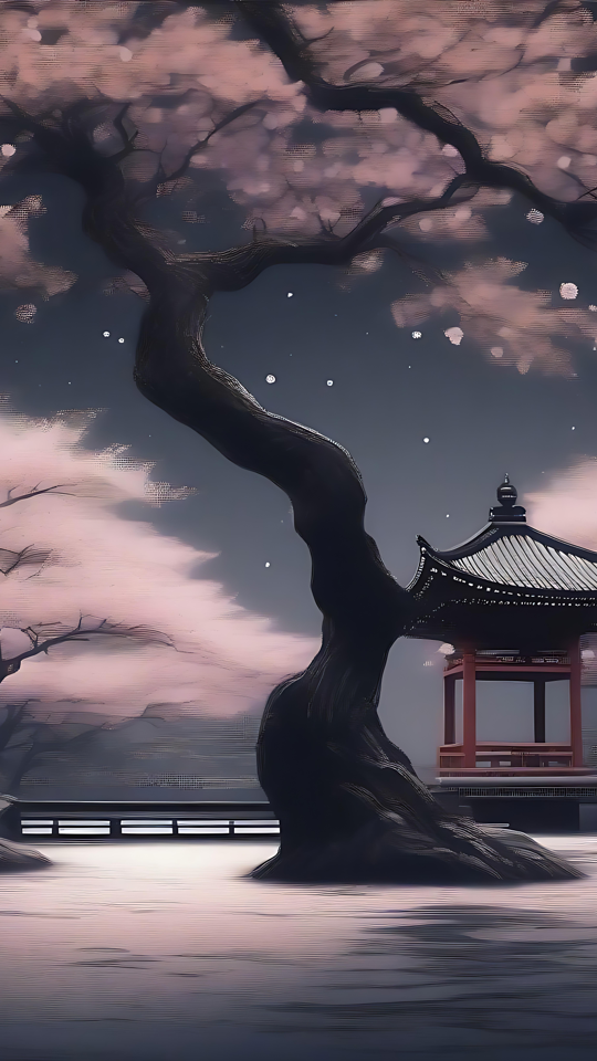 Serenity Amid Cherry Blossoms and Snow A serene cherry blossom scene with a tree, snowfall, and a traditional Japanese pagoda in soft colors.