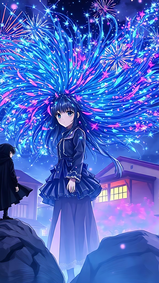 Fantaisie Magique de Feux d'Artifice Anime Fille anime entourée de feux d'artifice étincelants dans un paysage nocturne tranquille