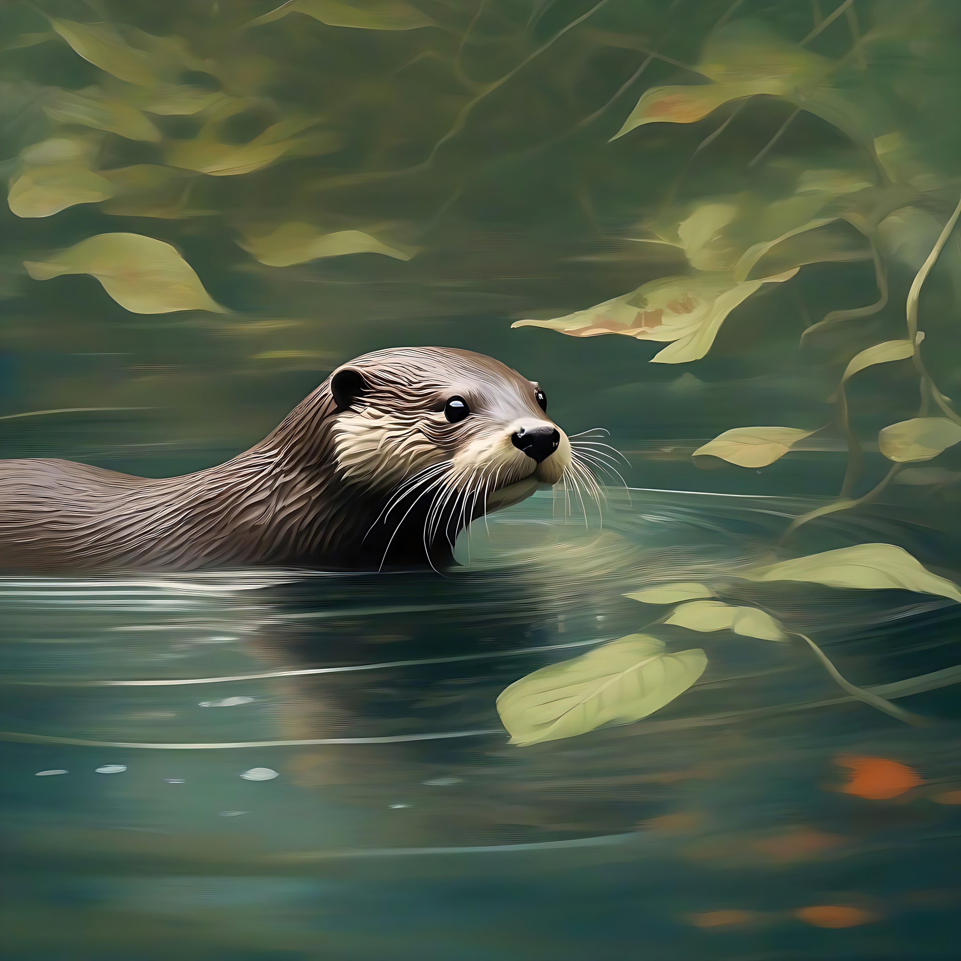 Majestic Otter Gliding Through a Peaceful Waterway A serene otter swimming gracefully among gentle leaves in a calm green waterscape.