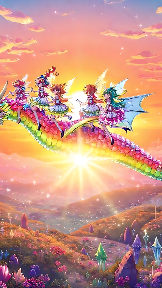 radiant 彩虹龙上的魔法之旅 动画奇幻场景,人物在闪闪发光的宝石谷上空,夕阳下骑着彩虹龙。