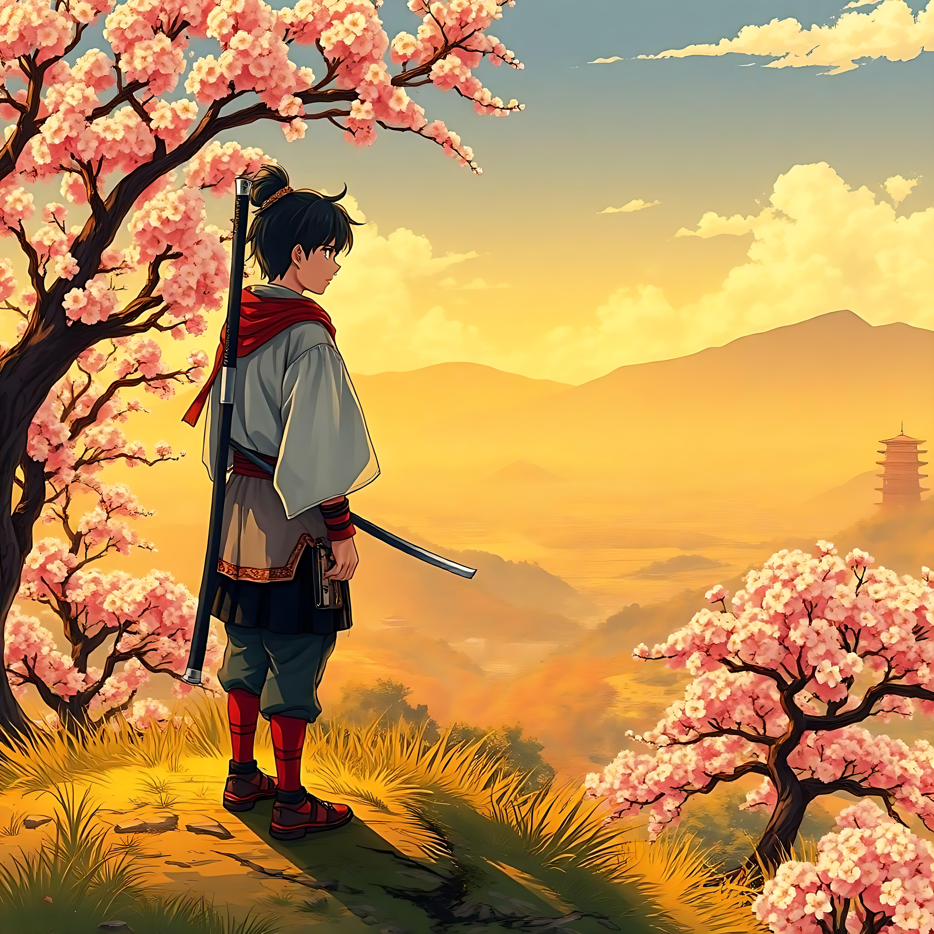 咲き誇る桜の下での侍の瞑想 夕暮れ時、山と桜の美しい風景を見渡す伝統的な装束の侍のアニメアート。