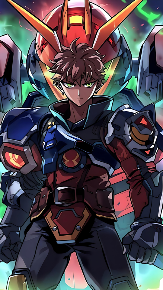 Slip Kraften Løs fra en Anime Mecha Kriger Episk mecha anime helt med glødende grøn energi og en kraftfuld robotkammerat i baggrunden.