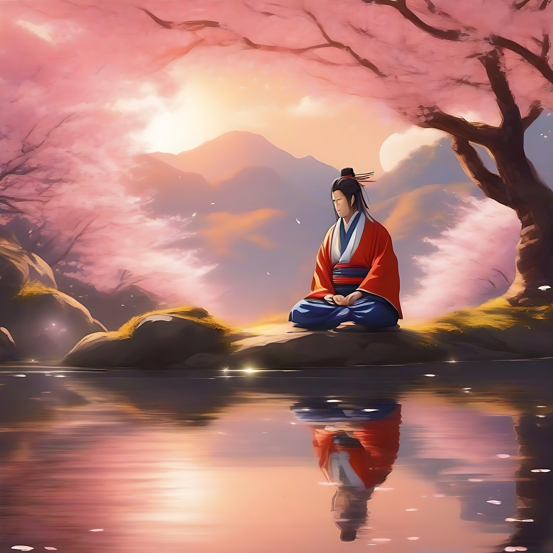 桜 の 花 の 下 の 穏やか な サムライ 静かな湖の近くで瞑想する アニメ風の武士 桜に囲まれて 黄金の夕陽の下で