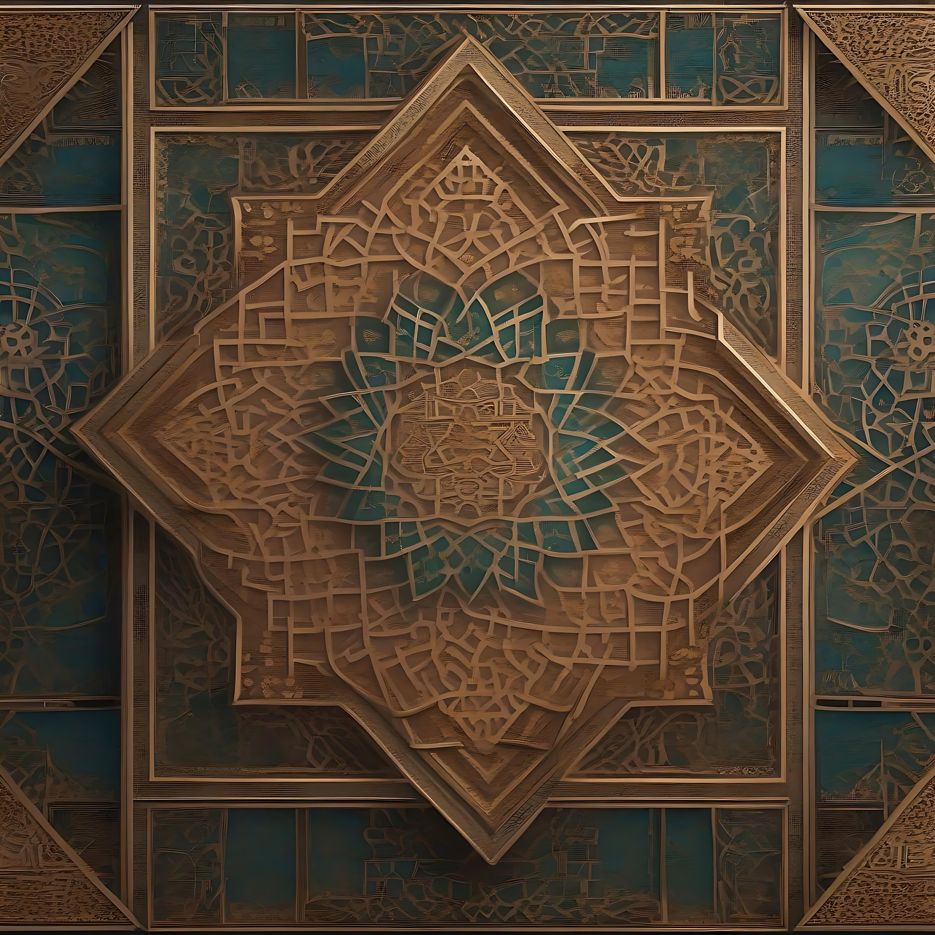 Arte Geometrica Islamica Intricata Arte geometrica islamica intricata con motivi dorati su sfondo verde acqua.