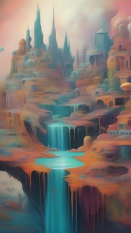 Paisagem de Sonho de Fantasia Abstrata com Cascatas Paisagem de fantasia abstrata com cascatas e tons pastel