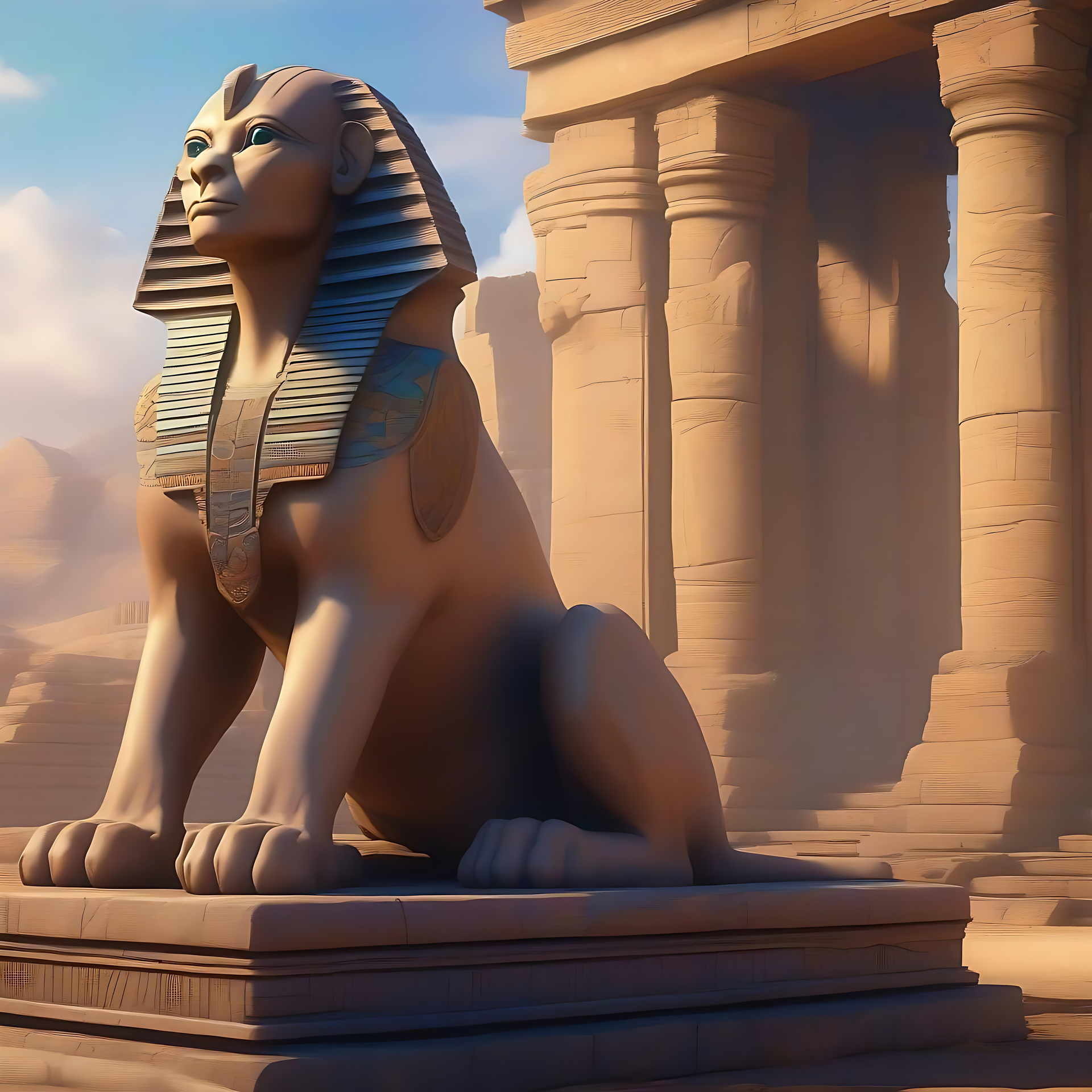 أبو الهول الخيالي الرائع في صحراء لا زمانية تمثال أبو الهول في صحراء مضاءة بالذهب محاطًا بآثار قديمة.