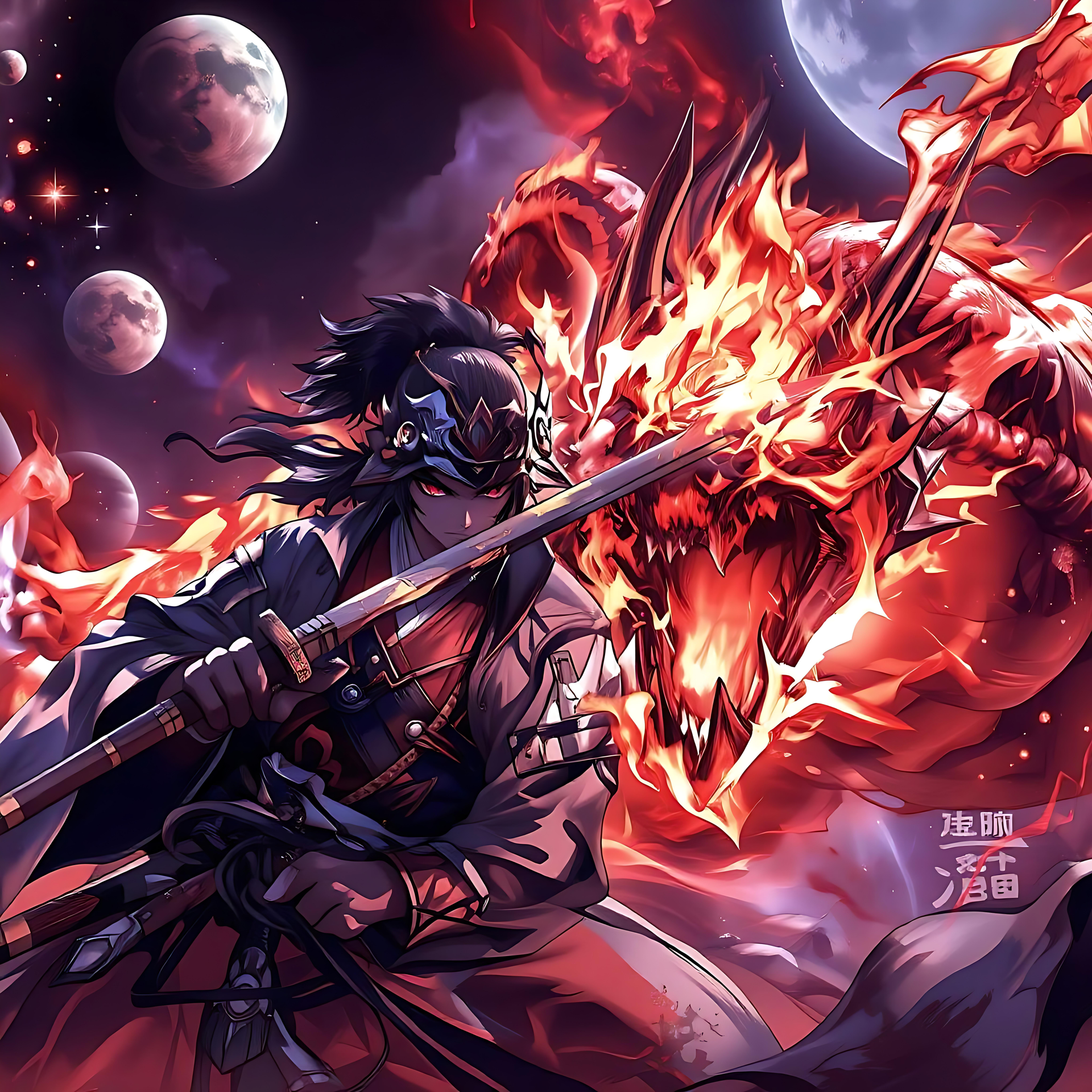 Choque Épico: Samurái Ardiente vs Dragón Llameante Samurái enfrentándose a un dragón ardiente bajo un cielo cósmico en estilo de arte anime.