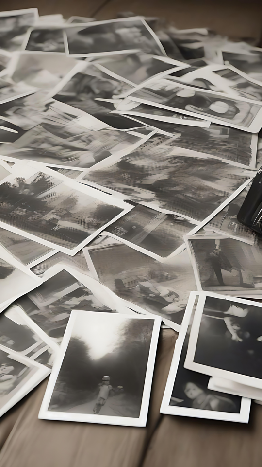Ricordi Senza Tempo in Bianco e Nero Catturati con Dettagli Sbalorditivi Un mucchio sparso di fotografie vintage in bianco e nero con una fotocamera retrò.