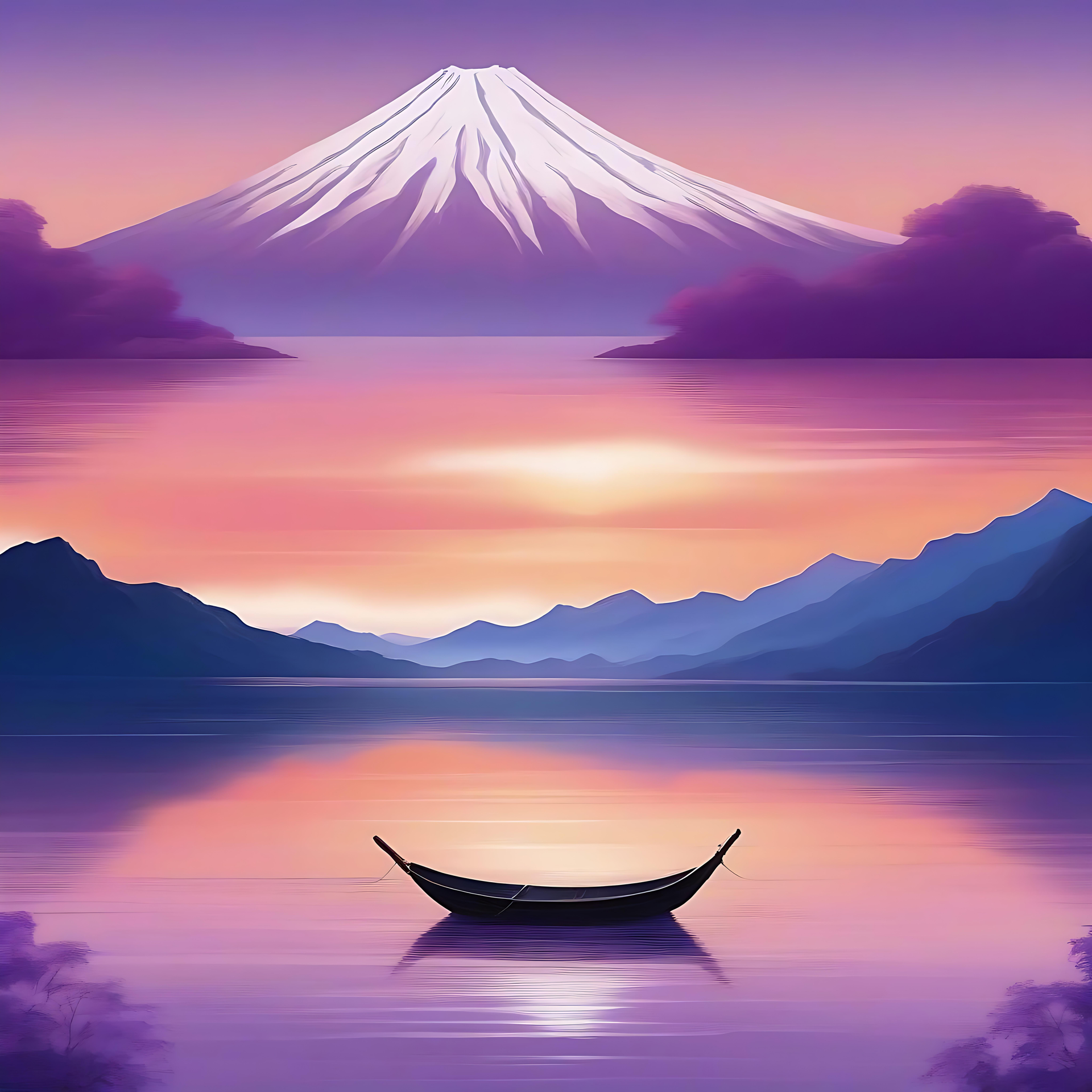 غروب شمس أنمي خلاب مع انعكاس جبل فوجي غروب شمس بأسلوب الأنمي يظهر جبل فوجي منعكساً على بحيرة هادئة مع قارب خشبي في المقدمة