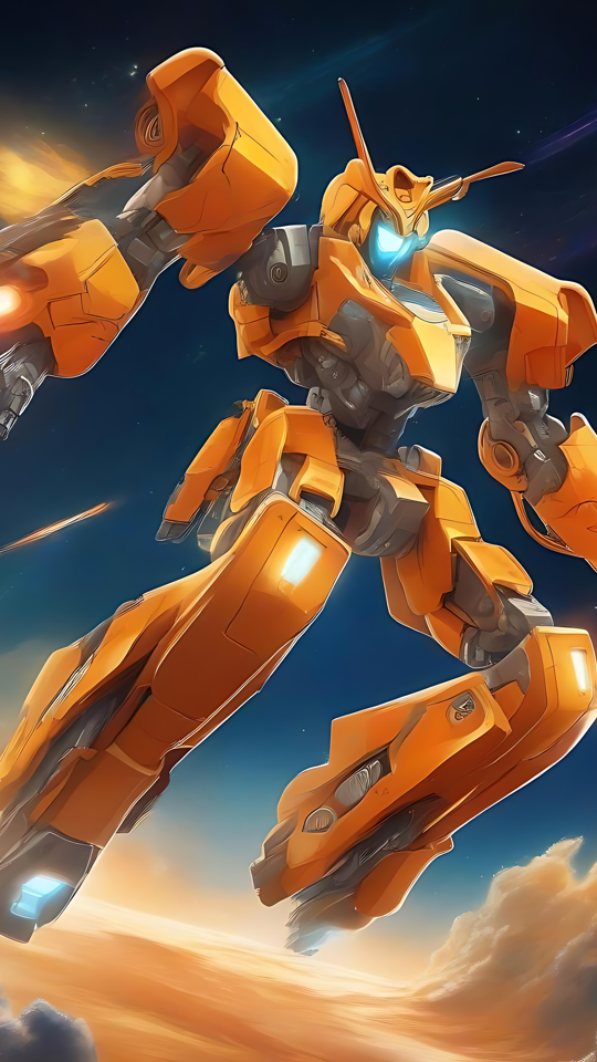 Dynamisches orangefarbenes Mecha über einem ätherischen Himmel Anime-artiger Mecha in hellem Orange, fliegend in einem ätherischen Himmel mit Laserkanonen.