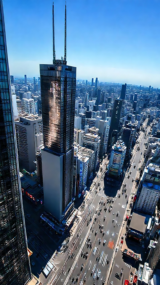 Majesté Urbaine : La Ligne d'Horizon Infinie Vue à vol d'oiseau d'un paysage urbain vibrant avec des gratte-ciel réfléchissant la lumière et des rues animées en contrebas.