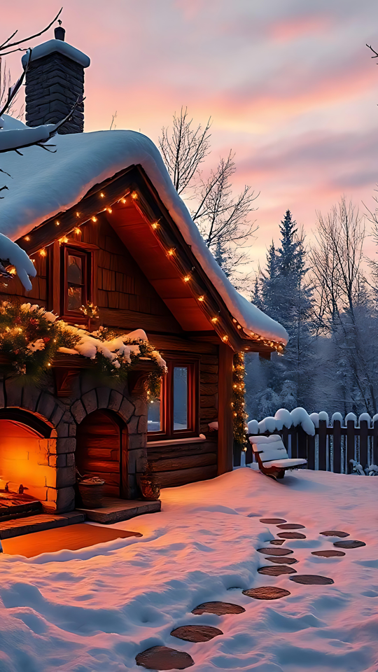 Serene Snowy Cabin with Warm Glow in Winter A cozy wooden cabin enveloped in snow at sunset with a warm glow from its fireplace and festive lights.