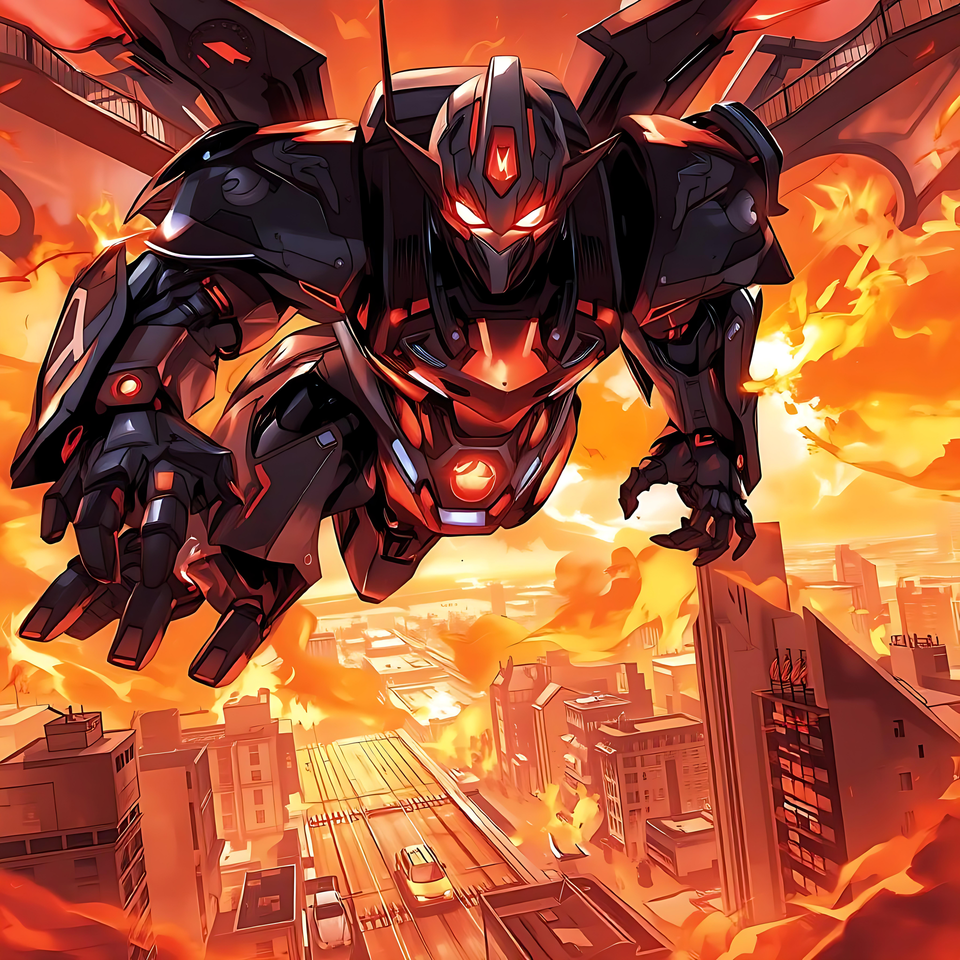 Scatena il Potere dell'Ultimo Sfondo Anime Mecha Mecha anime futuristico che vola in mezzo al caos infuocato e a un paesaggio urbano luminoso.