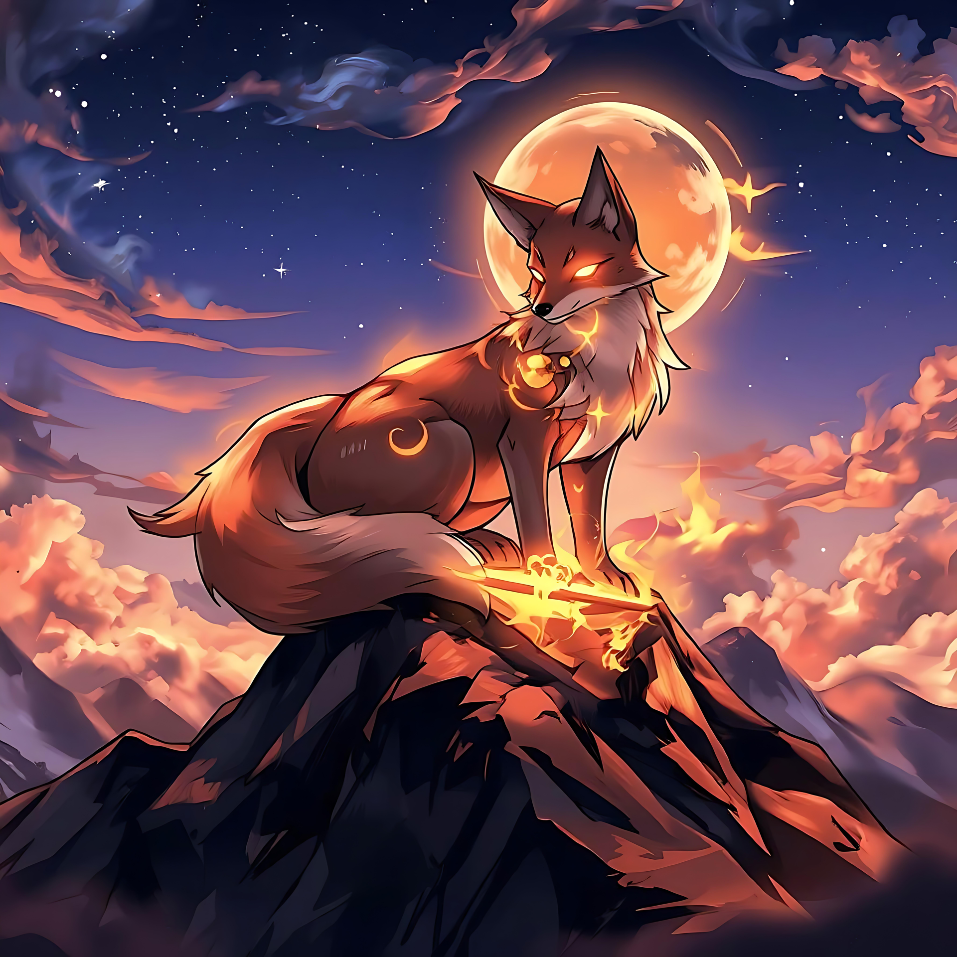烈月光下的神秘狐狸 超现实夜空下,炽热月亮下山顶上的一只发光动漫狐狸。
