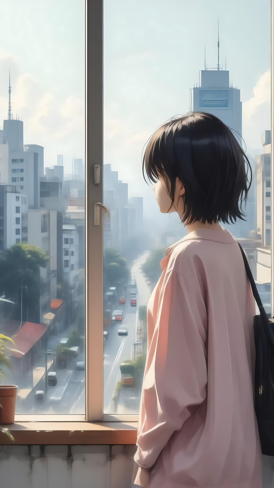 Den kontemplativa animeflickan och den urbana skönheten En animeflicka tittar eftertänksamt ut genom fönstret på en livlig stad med träd och skyskrapor.