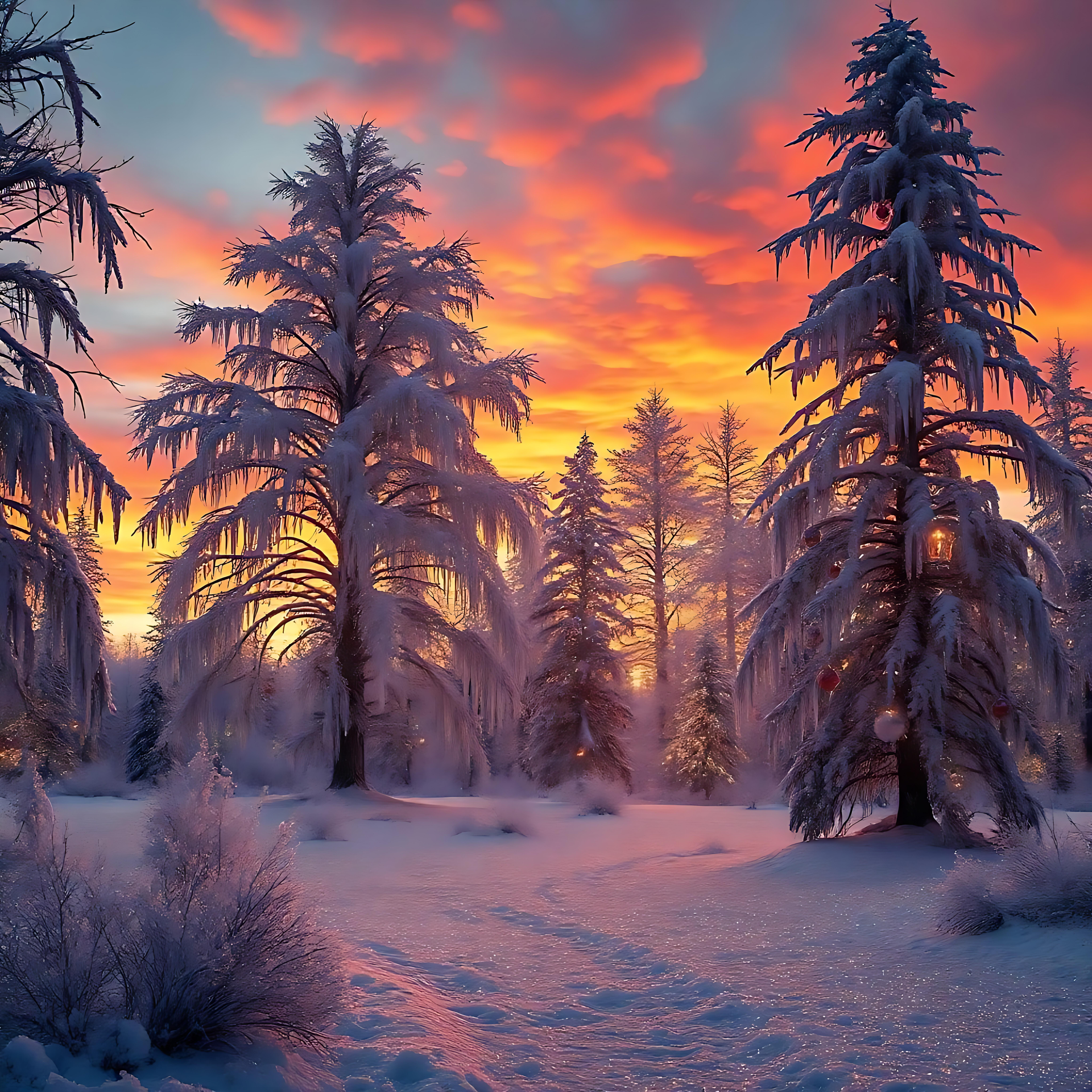 Bosque de Navidad Encantado al Amanecer Un sereno bosque navideño cubierto de nieve al amanecer, con árboles escarchados y un cielo vívido en tonos de naranja, rosa y púrpura.