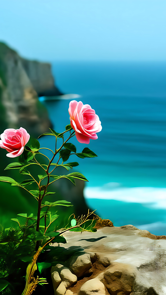 Majestosas Rosas Cor-de-rosa Com Vista Para Um Oceano Azul Cristalino Uma vista panorâmica de rosas cor-de-rosa a florescer em falésias rochosas com um oceano azul ao fundo.
