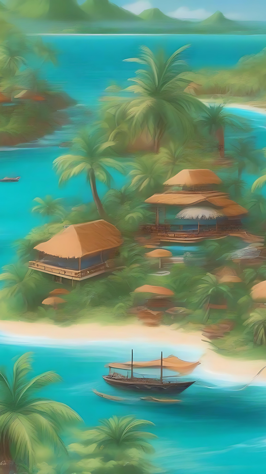 Île Paradis Tropical Sereine Une île tropicale tranquille avec des palmiers verts luxuriants, des eaux turquoise et des huttes au toit de chaume, vues en résolution 8K époustouflante.