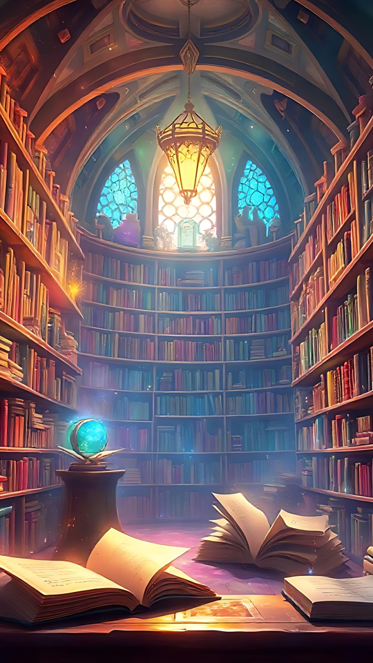 Das Zauberhafte Reich des Wissens und der Weisheit Eine zauberhafte Bibliothek mit hohen Regalen voller Bücher, einem leuchtenden Globus und einem goldenen Kronleuchter.