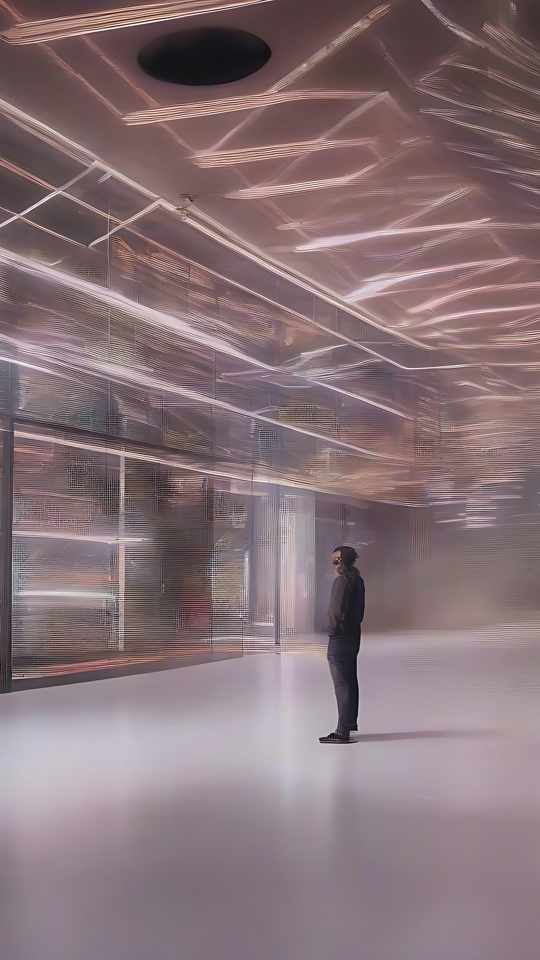 Det futuristiske skær af et Cyberpunk Drømmelandskab Et surrealistisk neonoplyst cyberpunk-rum med en ensom figur, der står midt i glødende refleksioner og futuristiske designs