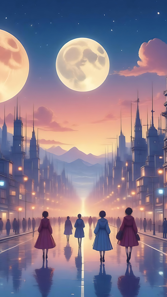 Ville anime mystique à double lune au crépuscule Paysage urbain d'anime au crépuscule avec deux lunes et des rues illuminées