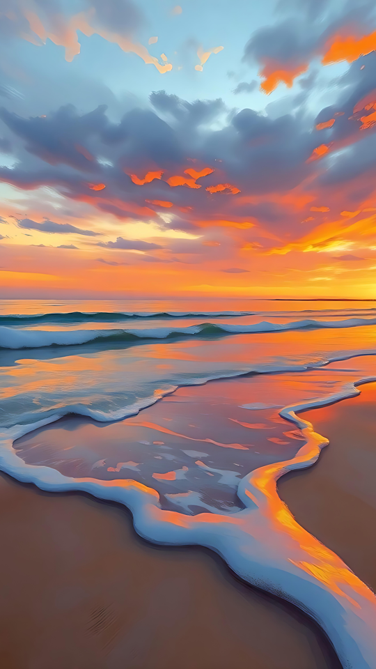 Una Sinfonia del Tramonto sulla Riva dell'Oceano Una scena mozzafiato di tramonto con onde che toccano delicatamente una serena riva sabbiosa sotto un cielo dai colori vivaci.