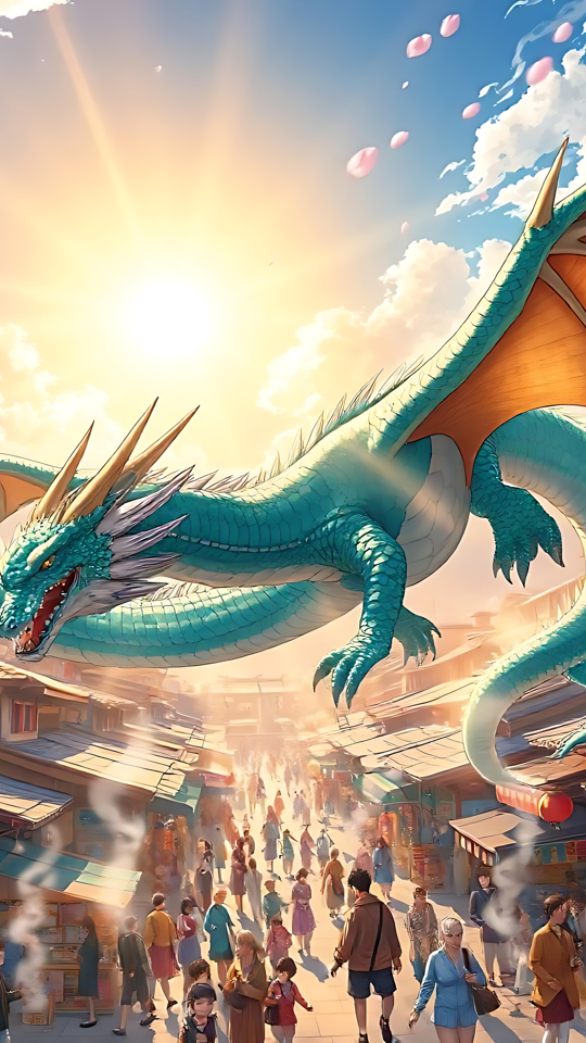 Dragão Anime Planando em uma Vila de Cerejeiras em Flor Dragão anime majestoso voando sobre uma vila de cerejeiras em flor ao nascer do sol.