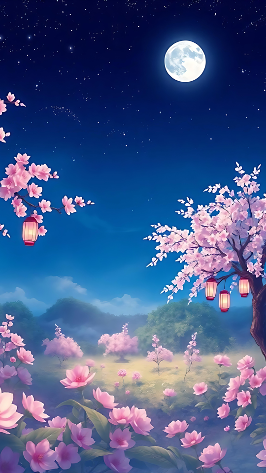 Æterisk måneskins Kirsebærblomst-landskab Anime-kunstværk af et måneskins-kirsebærblomstfelt med glødende lanterner.
