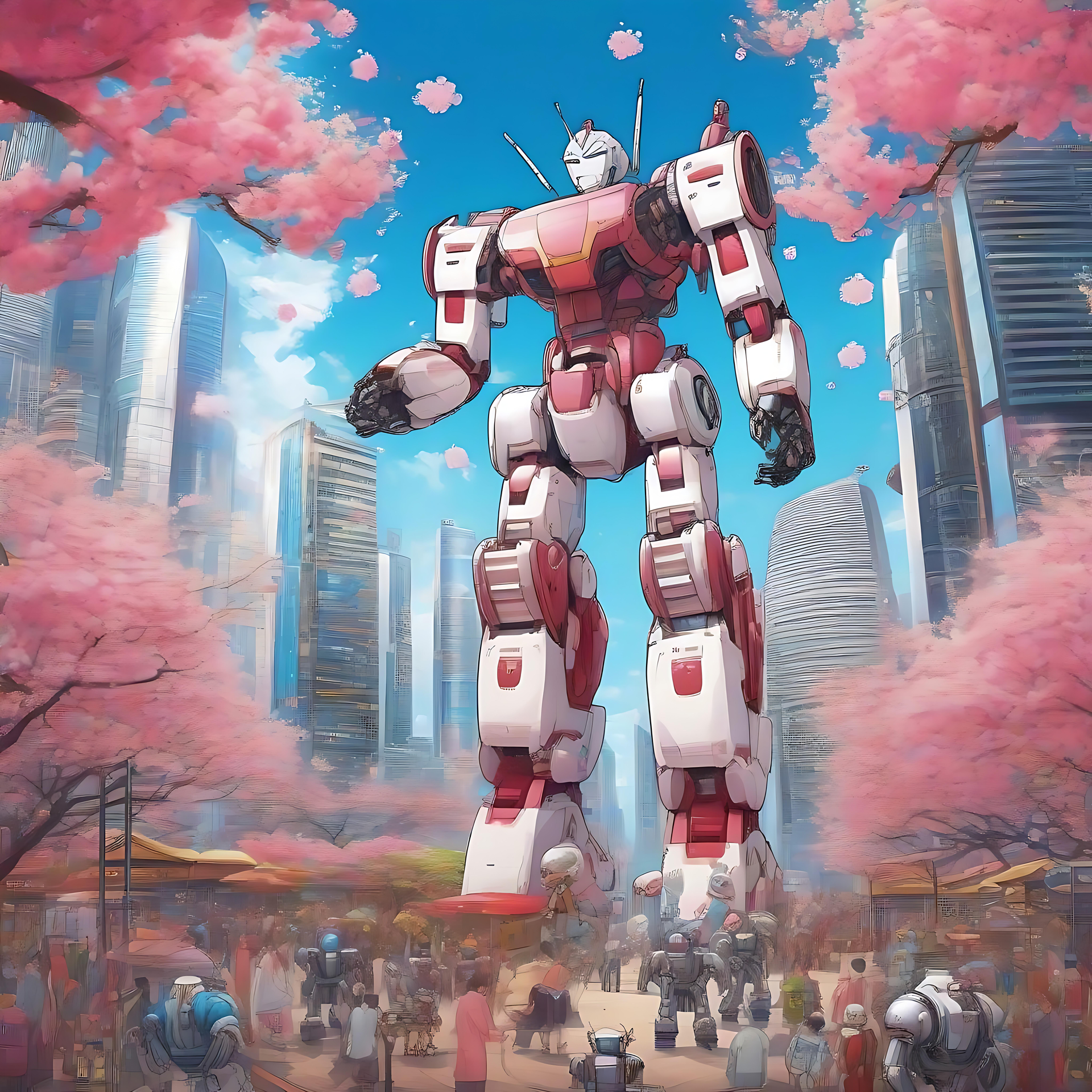 Den høje anime-mekha under Sakura-himlen Epic anime mecha robot omgivet af kirsebærblomster og futuristisk bybillede.