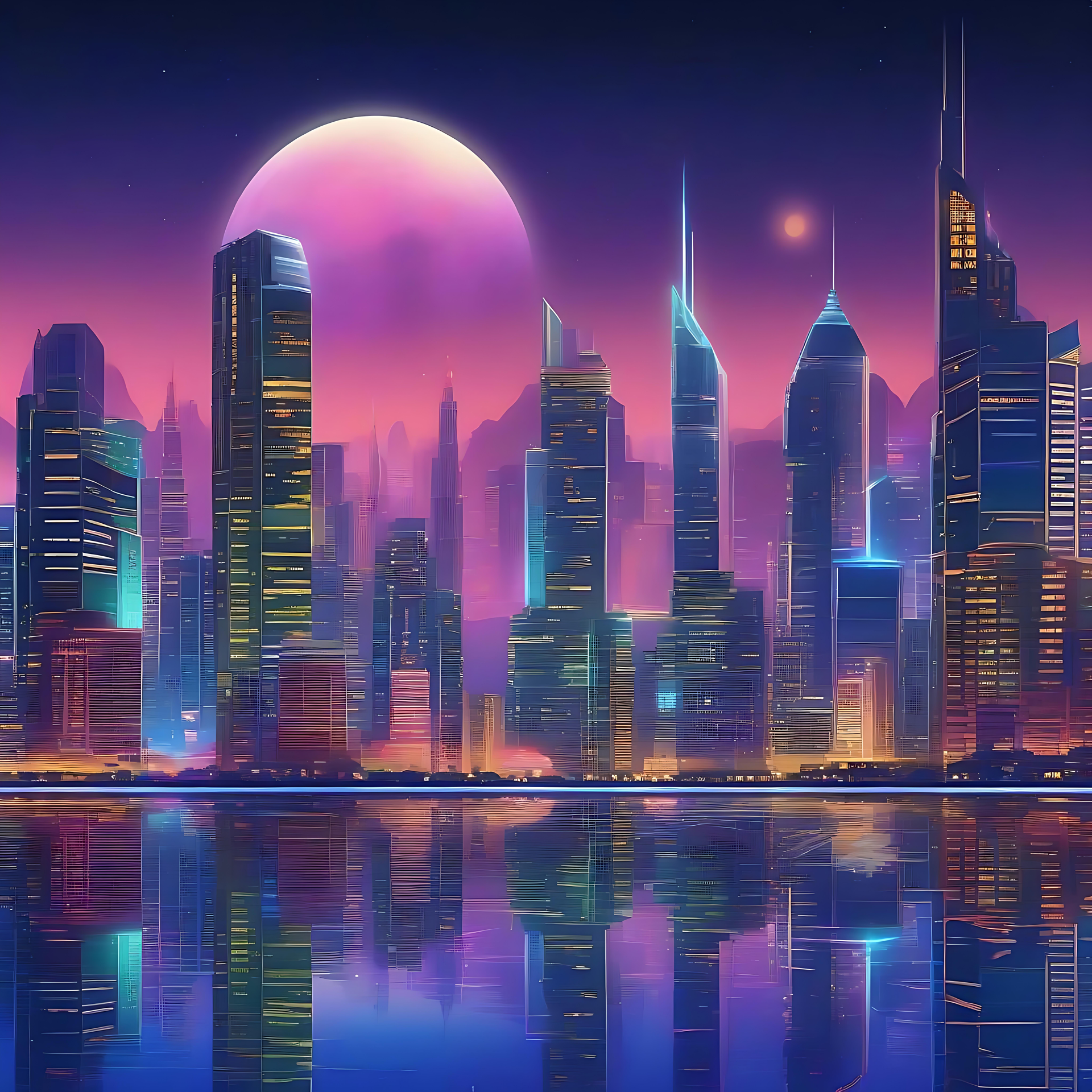 Neonin kyllästämä Anime-kaupunkikuva säteilevän kuun alla Anime-vaikutteinen neonkaupunkikuva hehkuvan vaaleanpunaisen kuun alla, joka heijastuu vedessä