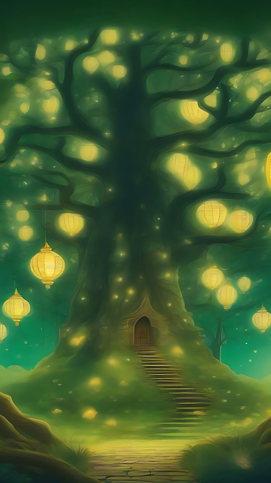 Uma árvore de lanterna iluminada numa floresta mística de anime Papel de parede de anime com uma árvore de lanterna brilhante em uma floresta mágica