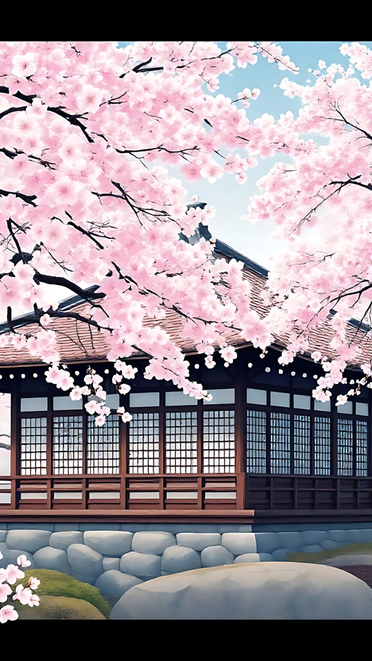 Ein Friedlicher Kirschblütentempel im Frühling Ein traditioneller japanischer Tempel, umgeben von blühenden Kirschbäumen.