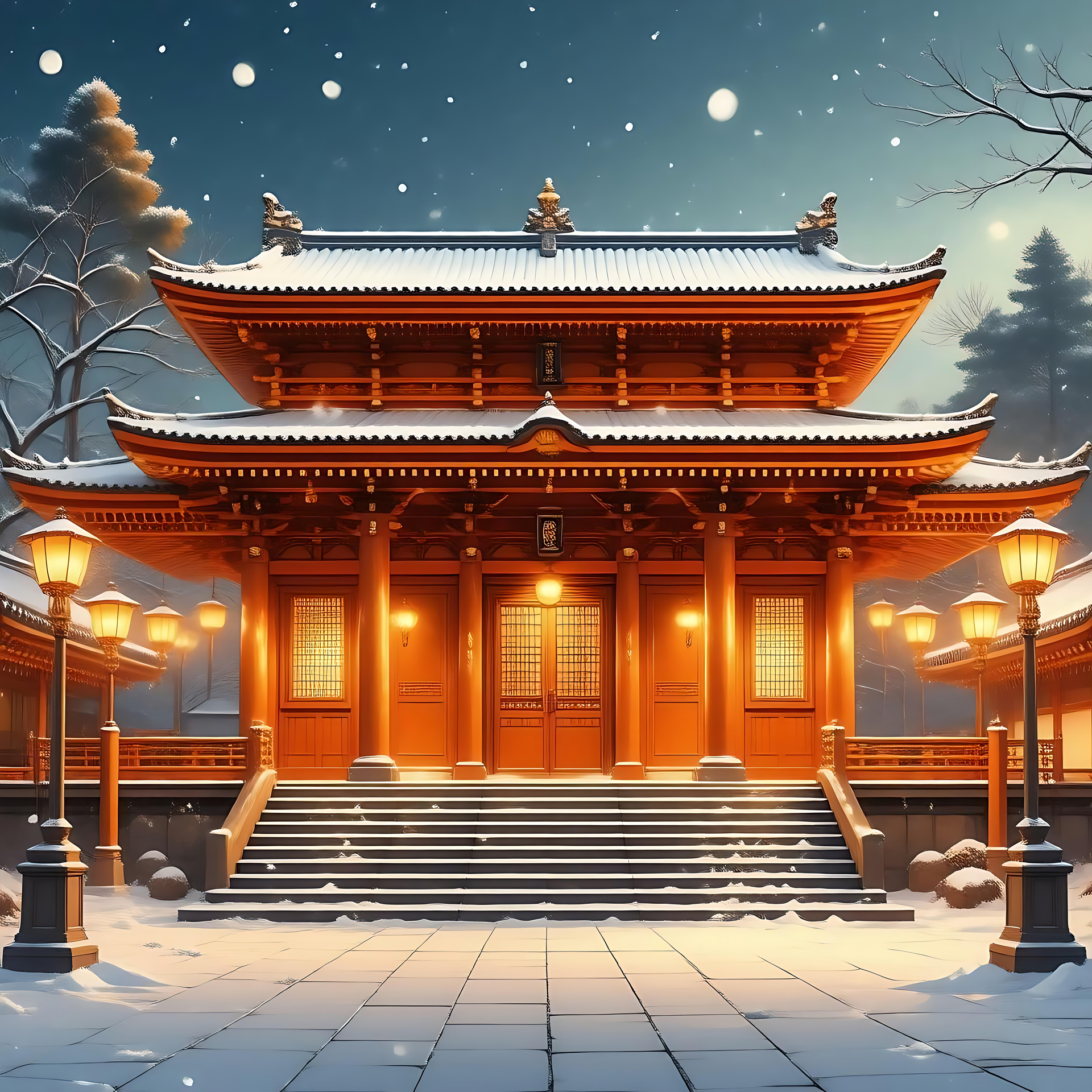 動漫藝術中雄偉的雪覆蓋日本寺廟 被雪環繞、燈籠照亮場景的動漫風格日本寺廟。
