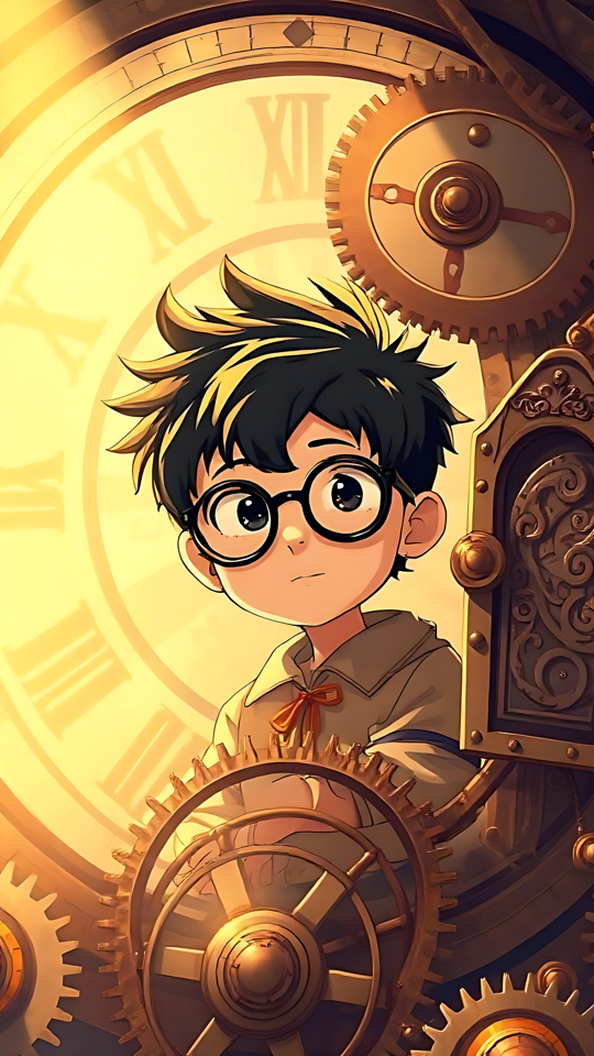 An Intricate Steampunk Anime World of Clockwork A steampunk anime scene with intricate gears and golden lighting around an old clock.
