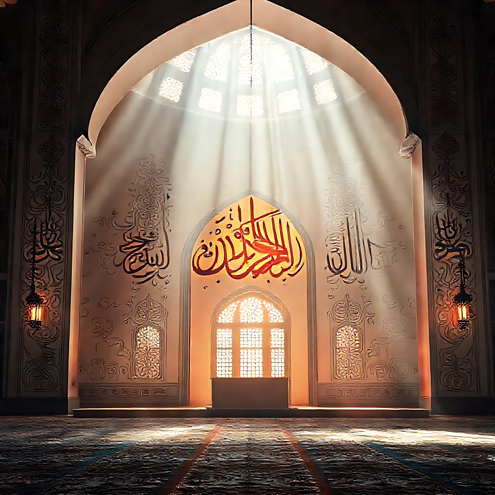 Strahlende Moschee, beleuchtet während des Ramadan Ein beleuchtetes Moschee-Interieur mit Lichtstrahlen, die durch aufwendig gestaltete Fenster fallen, und arabischer Kalligraphie an den Wänden.