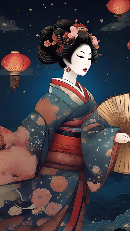 Graciosa Gueixa de Anime Sob Lanternas Brilhantes Geisha de anime segurando um guarda-sol sob lanternas vermelhas brilhantes em uma noite estrelada