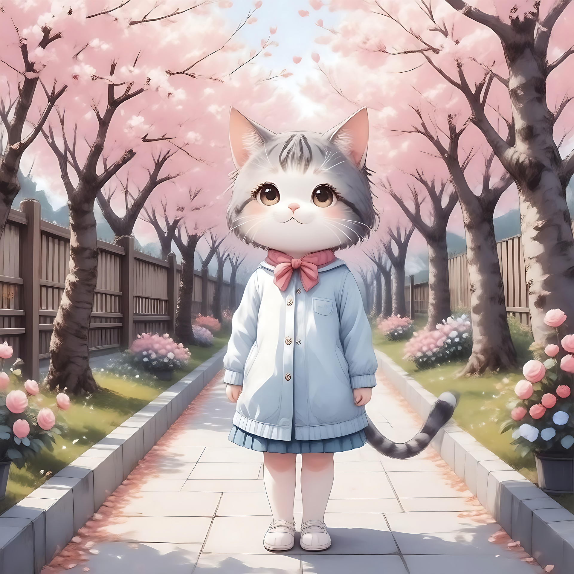 桜ワンダーランドのかわいいアニメ猫 桜の木の下、青いコートを着たアニメ猫