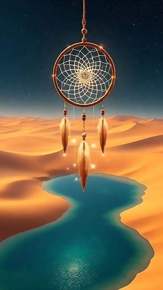 Elegante Apanhador de Sonhos Sobre um Místico Oásis do Deserto Um apanhador de sonhos brilhante flutuando sobre um sereno oásis no deserto sob um céu estrelado, cercado por dunas de areia dourada.