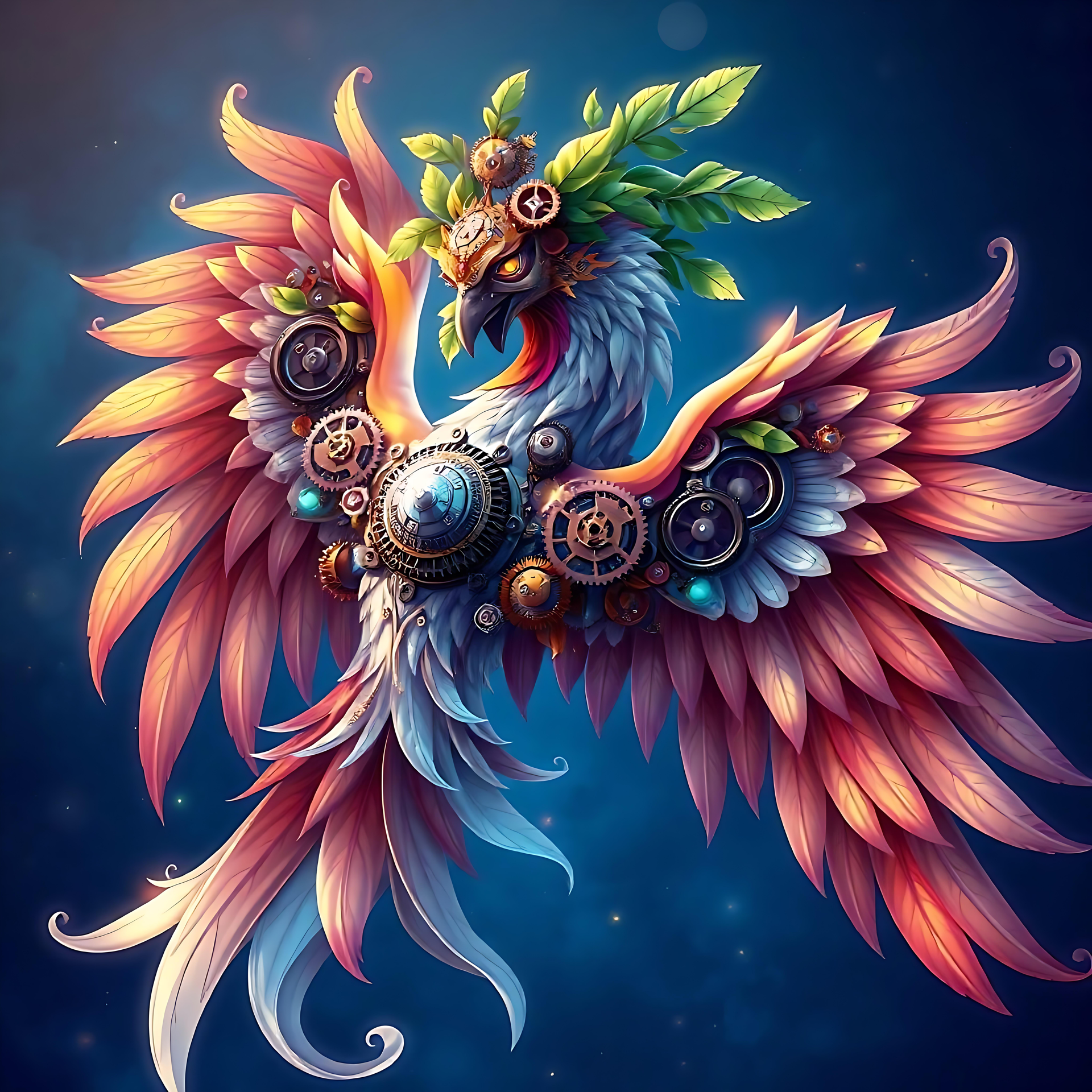 Anime Fågel Fenix: En Fusion av Steampunk och Fantasy Majestätisk animefågel Fenix med livfulla fjädrar och intrikata steampunkväxlar omgiven av en glödande blå bakgrund.