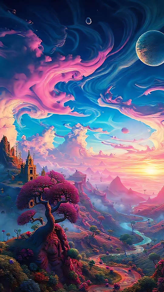 Tauchen Sie ein in eine mystische Fantasiewelt, die der Realität trotzt Eine lebendige Fantasiewelt mit dramatischen rosafarbenen kosmischen Himmeln, leuchtenden Tälern, surrealen Schlössern und einem fremden Mond.