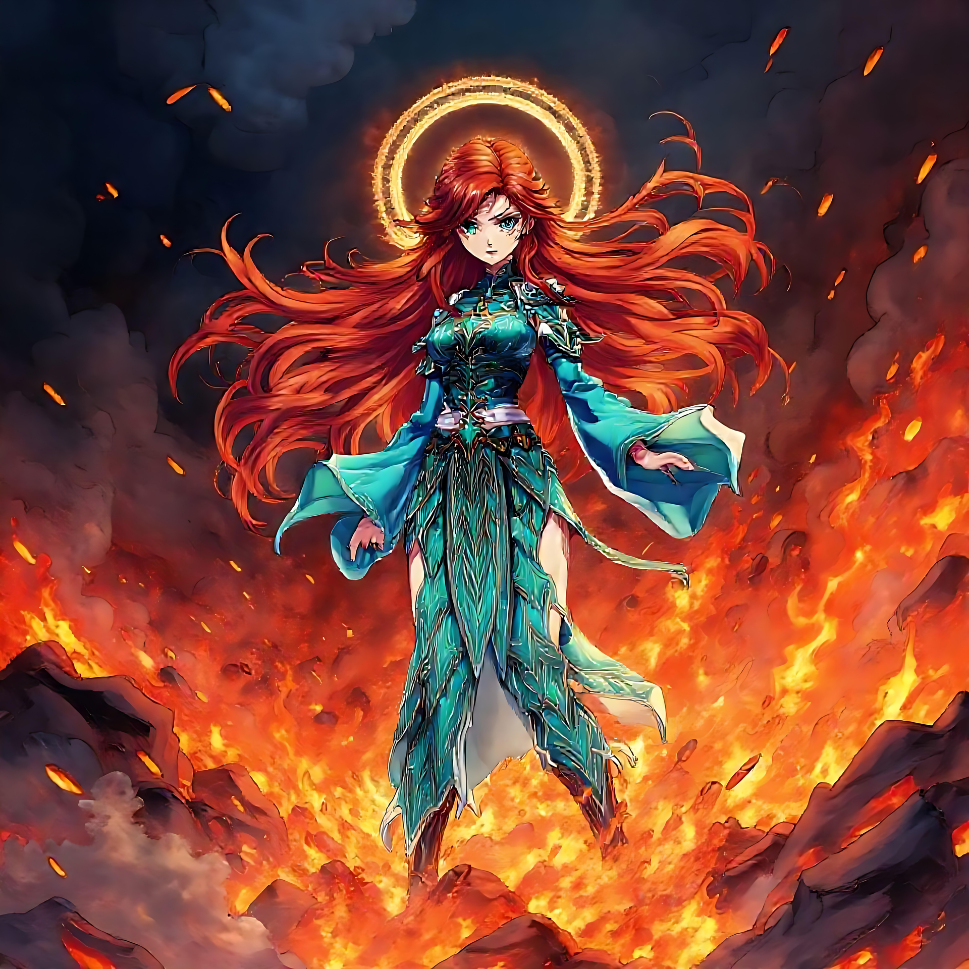Πύρινη Θεά Anime Αναδύεται από τις Φλόγες Πύρινη θεά anime στέκεται ανάμεσα σε φλόγες με χρυσό φωτοστέφανο και τιρκουάζ φόρεμα.