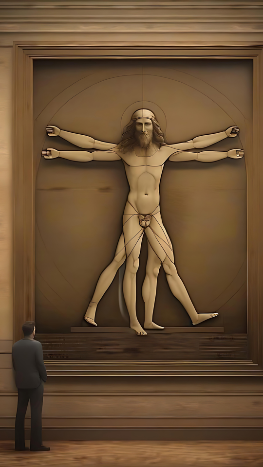 Representación moderna del Hombre de Vitruvio con detalles cautivadores Una representación artística moderna del Hombre de Vitruvio expuesta en un entorno similar a un museo.