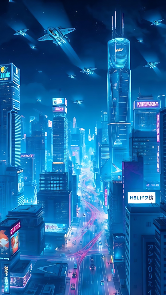 Step Into a Neon-Infused Anime Metropolis A stunning futuristic anime cityscape with neon blue tones, glowing skyscrapers, and flying vehicles at night.
