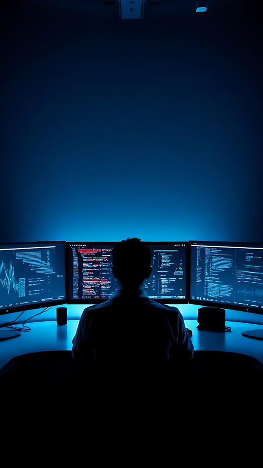 8K Çözünürlükte Fütüristik Kodlama Çalışma Alanı Mavi tonlarda çok ekranlı kuruluma sahip fütüristik kodlama çalışma alanı.