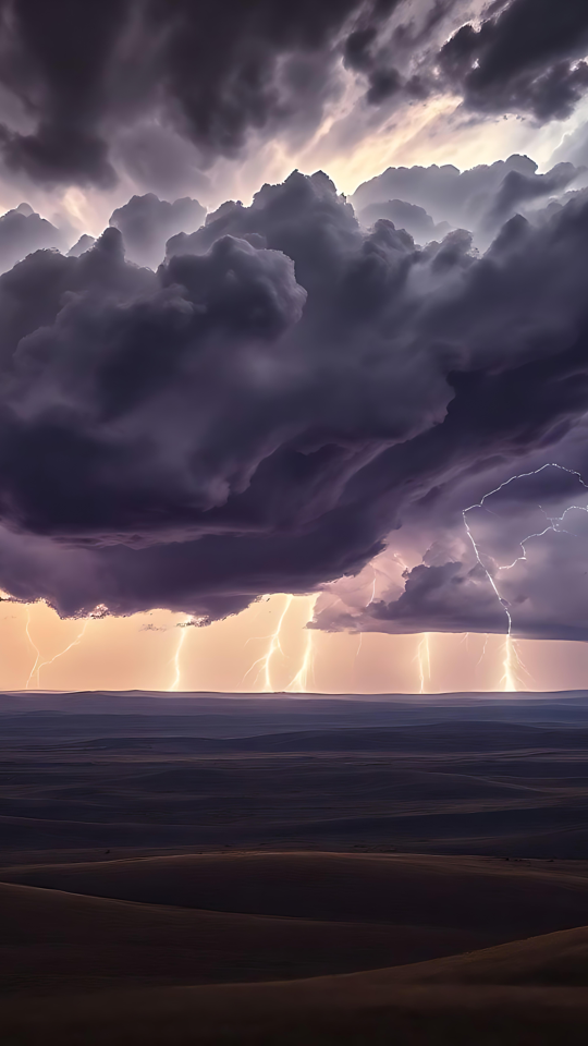 Majestad de la Tormenta: El Poder de la Naturaleza Desatado Una dramática tormenta eléctrica sobre colinas ondulantes con rayos cayendo bajo nubes oscuras.