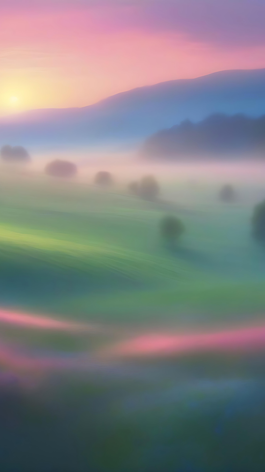 Amanecer brumoso sobre un prado sereno Un amanecer brumoso que proyecta suaves tonos rosas y lavanda sobre un prado sereno con árboles dispersos y colinas lejanas.