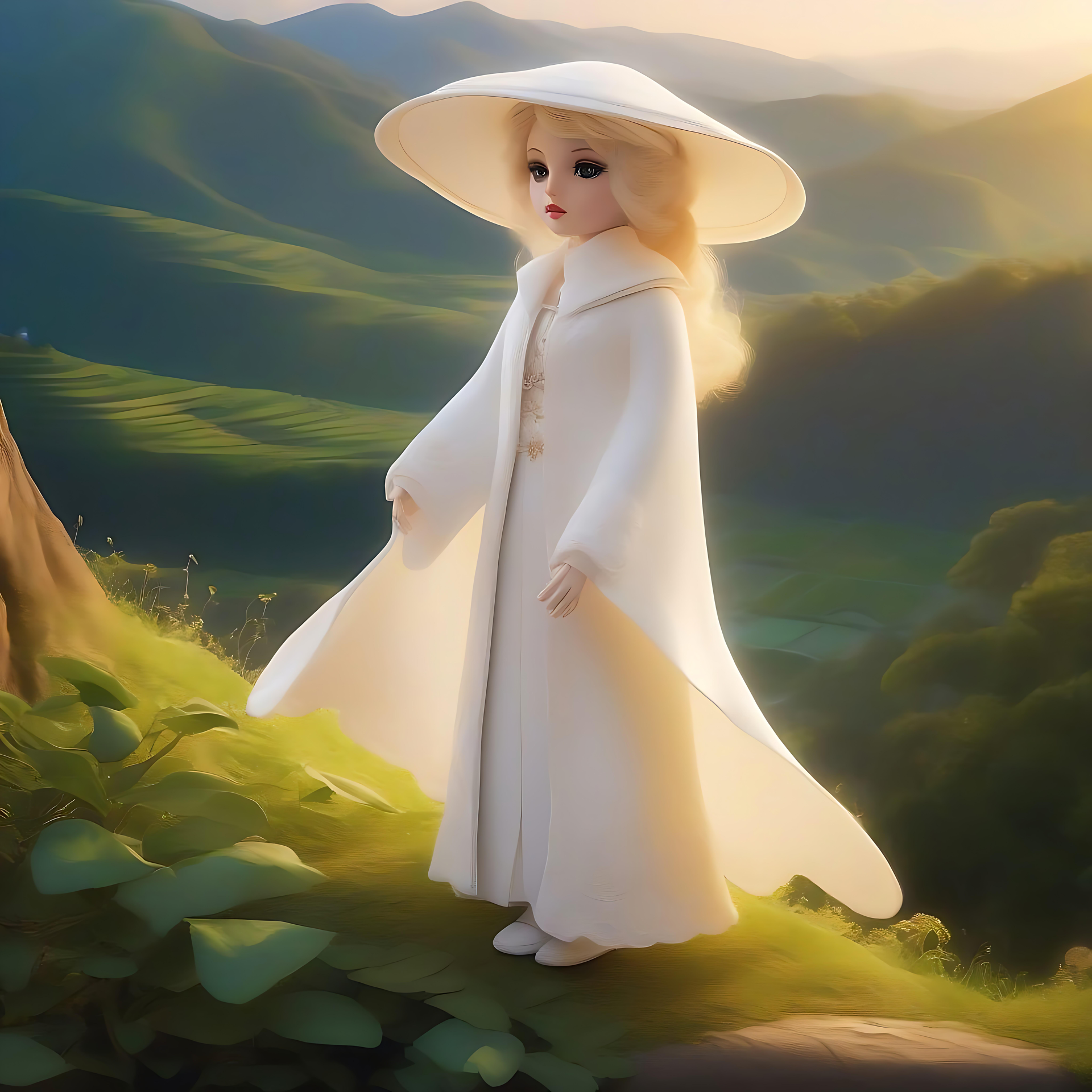 Eterisk animefigur i en lugn grön dal En elegant animefigur i en lugn grön dal omgiven av böljande, solbelysta kullar.