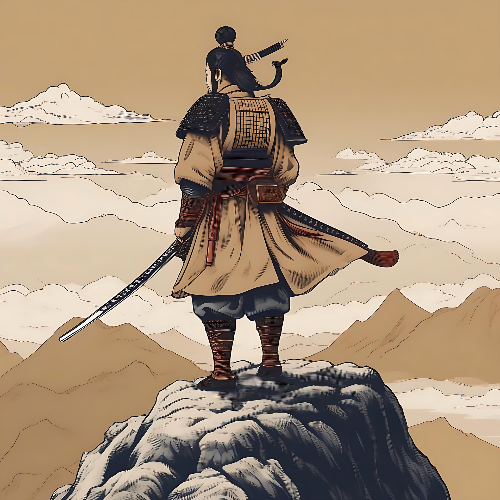 Samouraï Solitaire Debout sur un Sommet de Montagne Art d'anime d'un samouraï solitaire debout sur un sommet de montagne, entouré de ciels dorés.