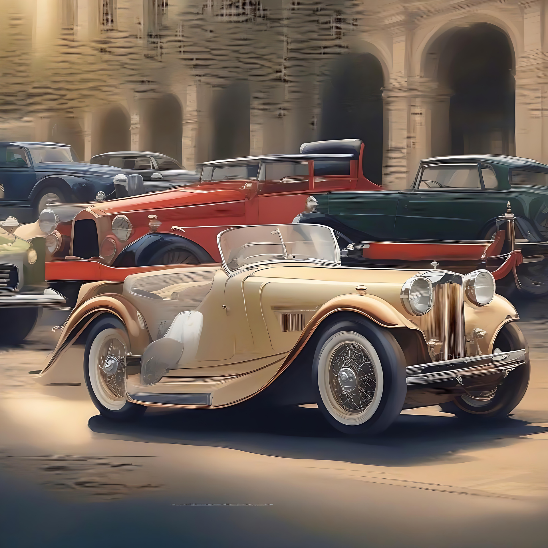 La Grâce en Mouvement : Une Célébration des Voitures Classiques Voitures classiques vintage exposées dans un cadre urbain élégant, mettant en valeur un luxe nostalgique
